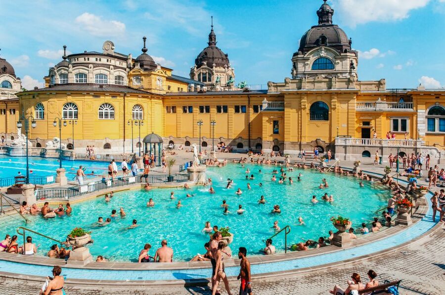 Bathers in the open-air thermal pool at the Széchenyi baths, Budapest
